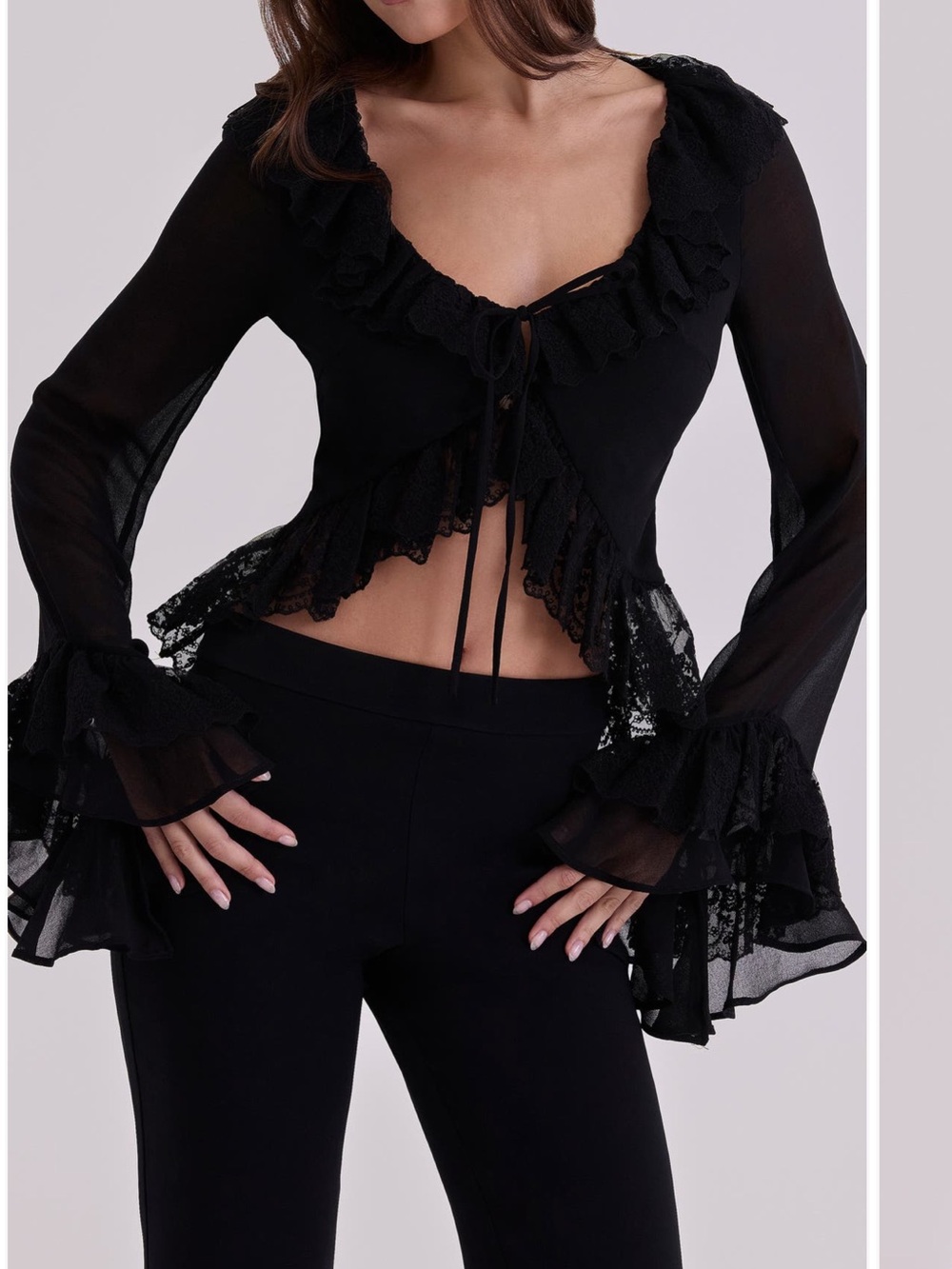 House of CB Goya Ruffle Lace Long Sleeve Black Top